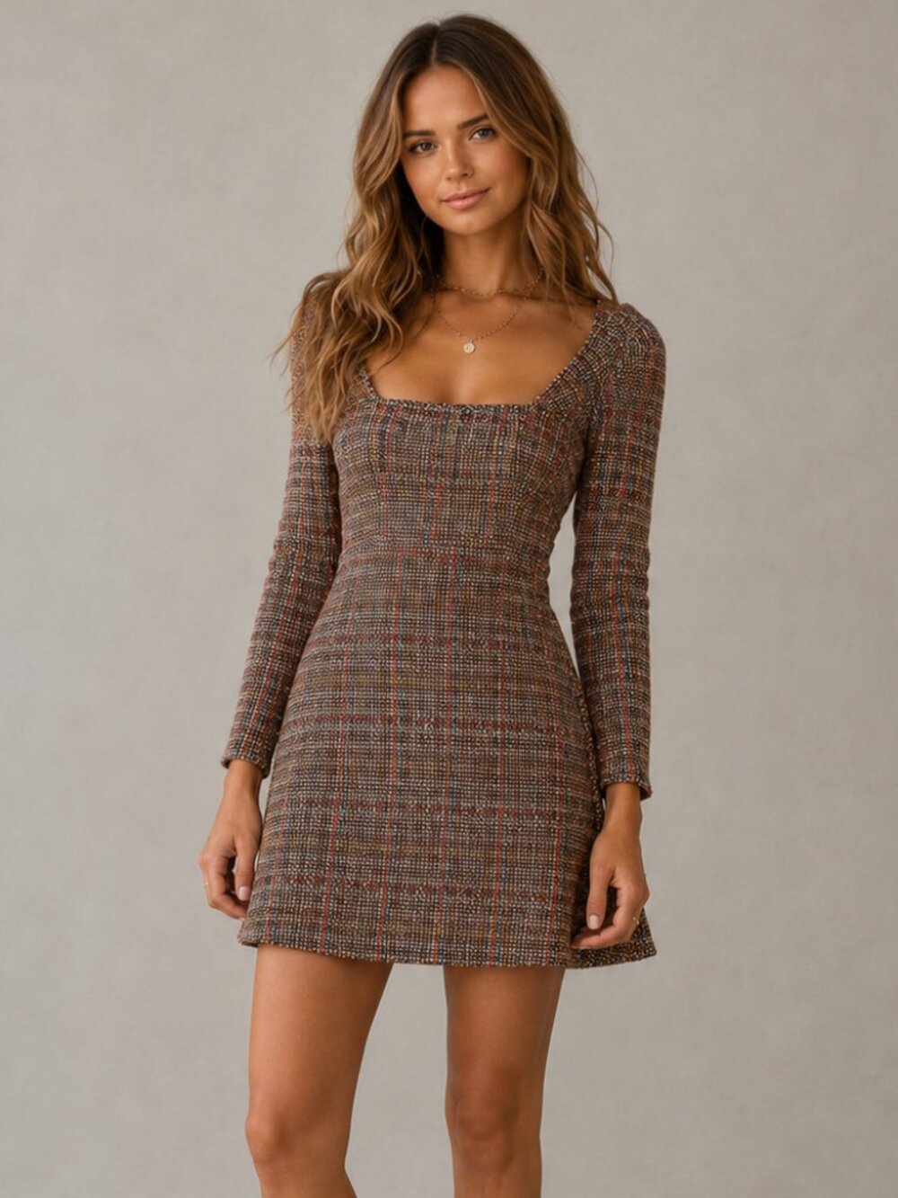 FREE PEOPLE Uptown Girl Multi Tweed Plaid Stretch Mini Dress Preppy Sz 10 EUC